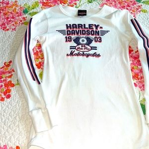 Harley Davidson long sleeved T-shirt with red/purple lettering down sleeves.